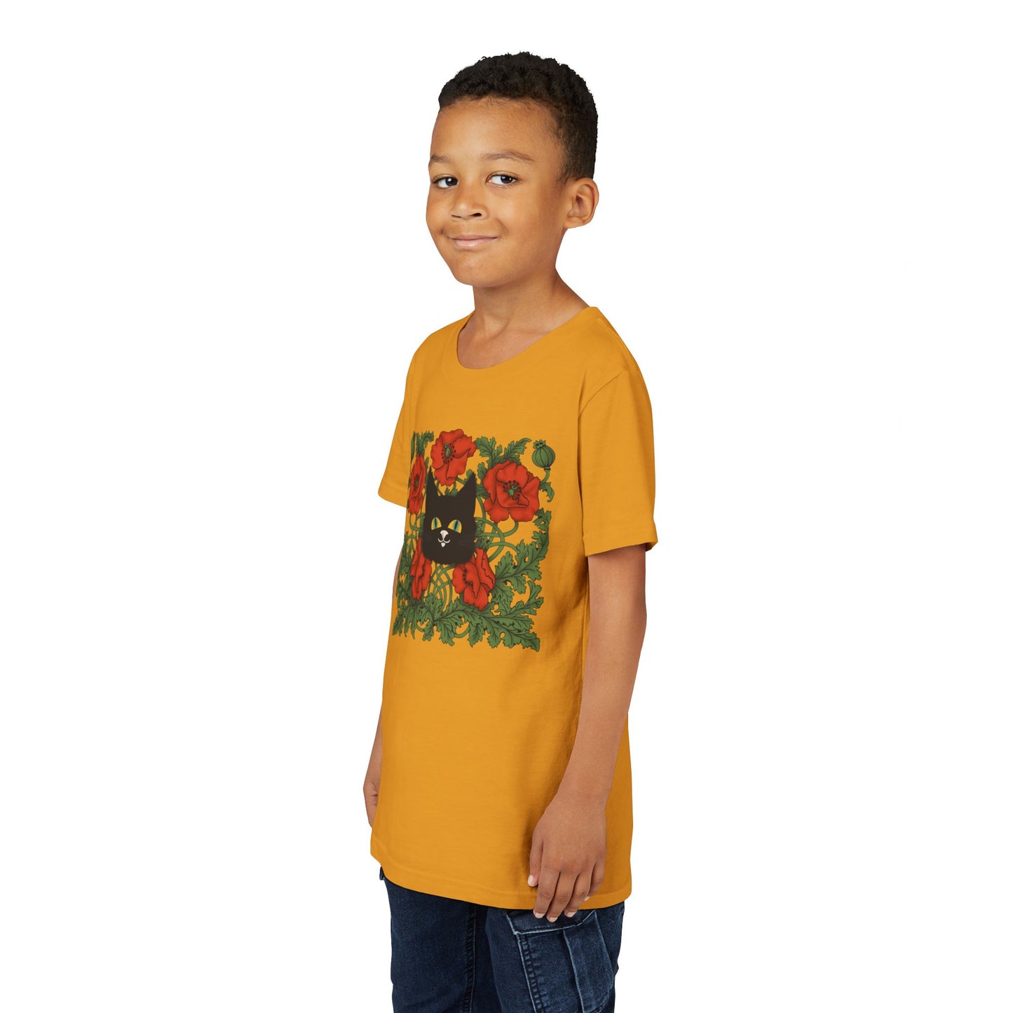 Black Cat Poppies Floral Youth Tee — Black Cat with Red Poppies Kids Shirt