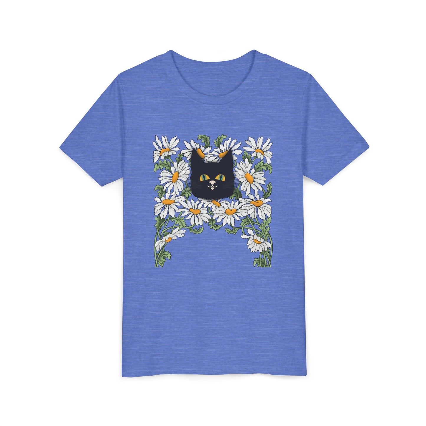 Daisies floral Youth Tee — Black Cat in Daisy Wreath Graphic