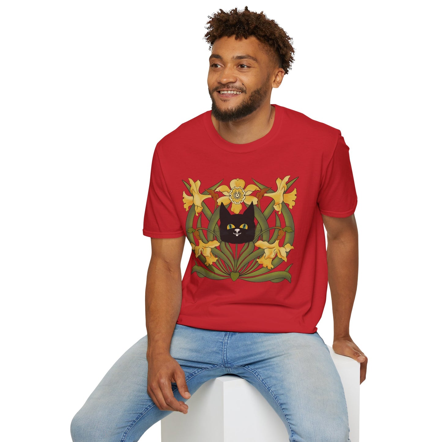 Daffodil Black Cat T‑Shirt — Retro Floral Cat Tee