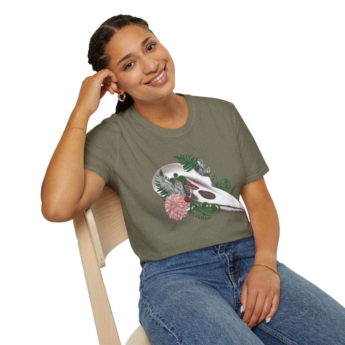 Bohemian Skull Floral T-Shirt, Unisex Softstyle Tee, Casual Wear, Nature Lover Gift, Unique Graphic Tee, Eco-Friendly Shirt