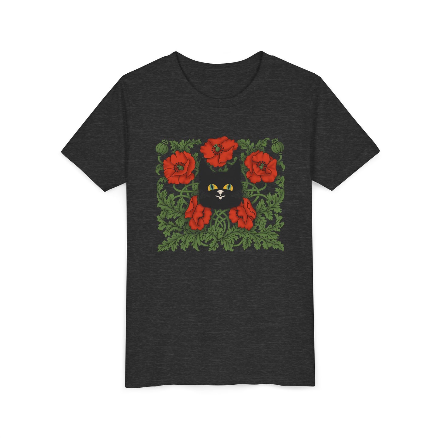 Black Cat Poppies Floral Youth Tee — Black Cat with Red Poppies Kids Shirt