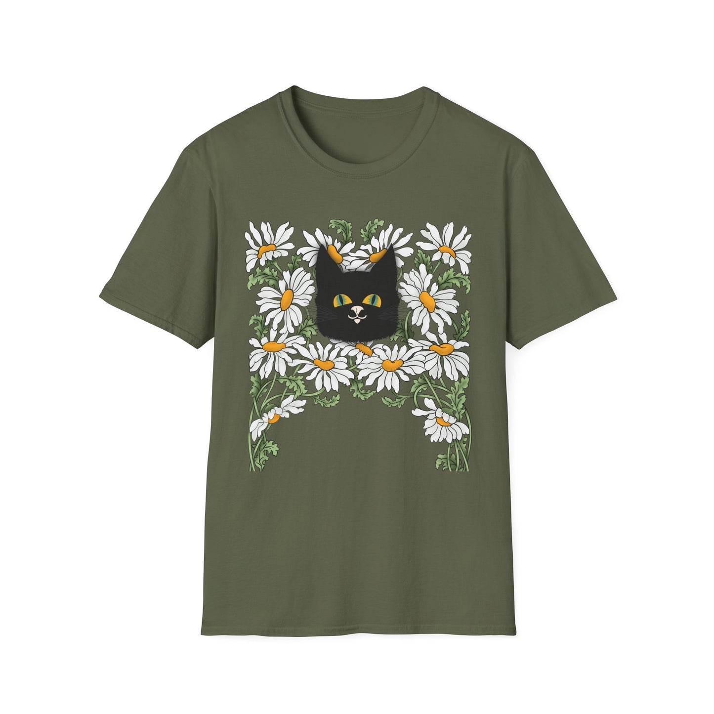 Black Cat & Daisies T‑Shirt — Cute Floral Cat Tee for Cat Lovers