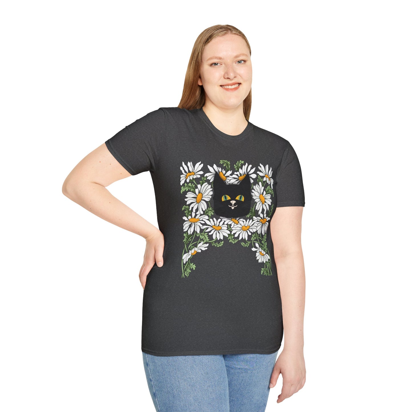 Black Cat & Daisies T‑Shirt — Cute Floral Cat Tee for Cat Lovers