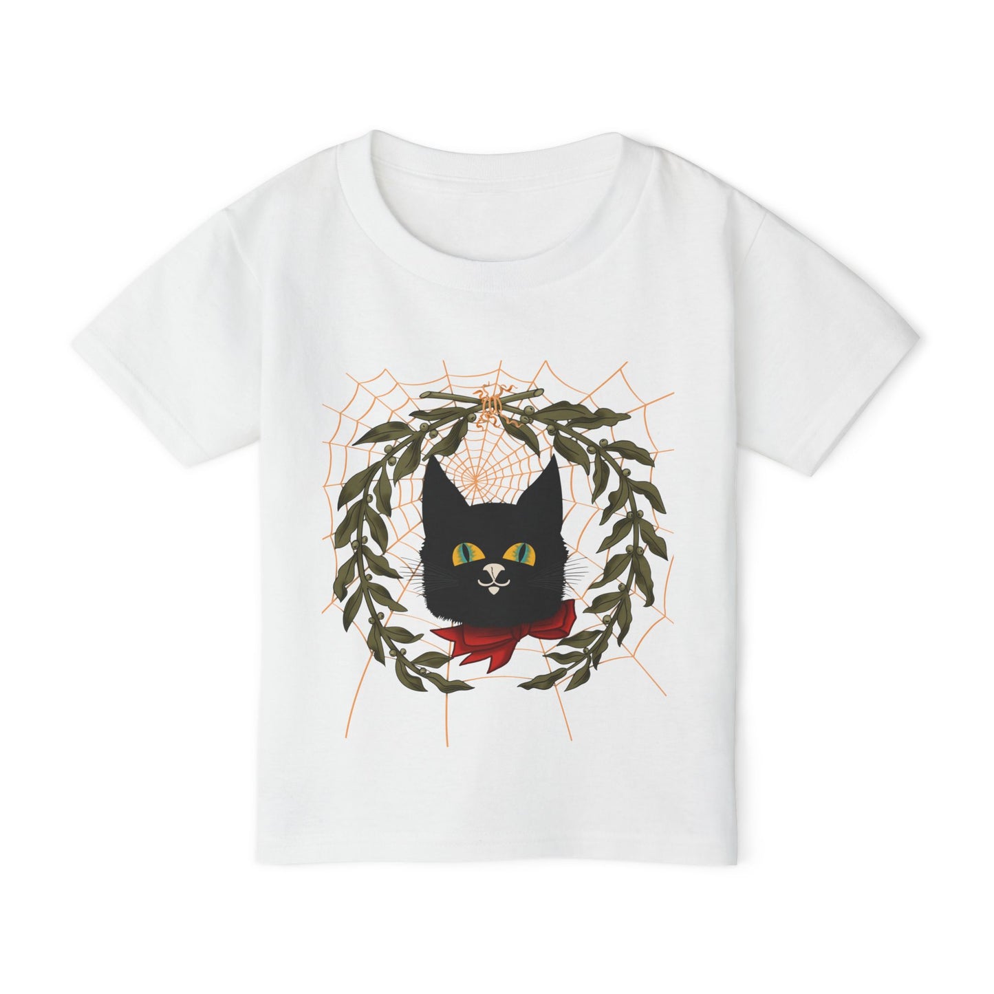 Toddler T‑Shirt — Black Cat Wreath with Web Tee (Cute Halloween)