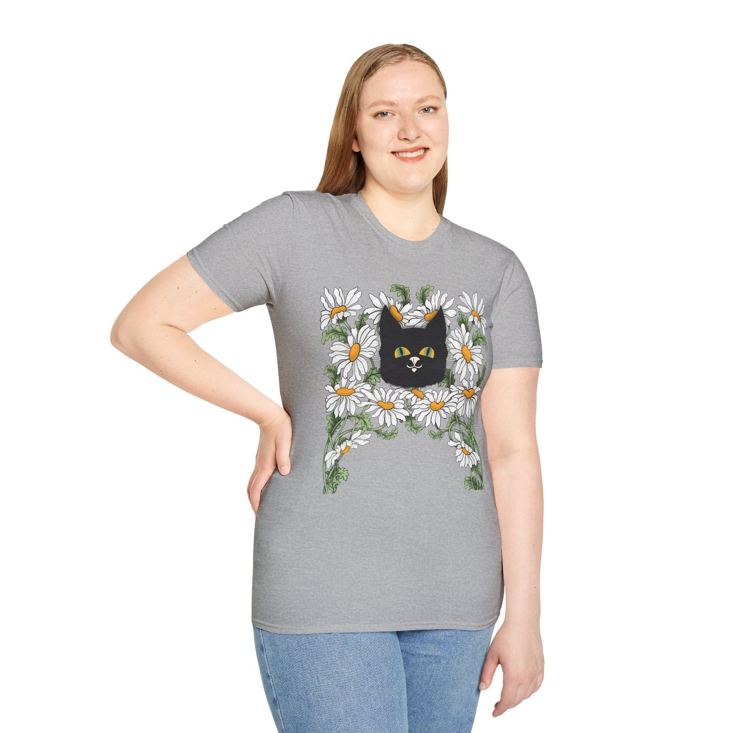 Black Cat & Daisies T‑Shirt — Cute Floral Cat Tee for Cat Lovers