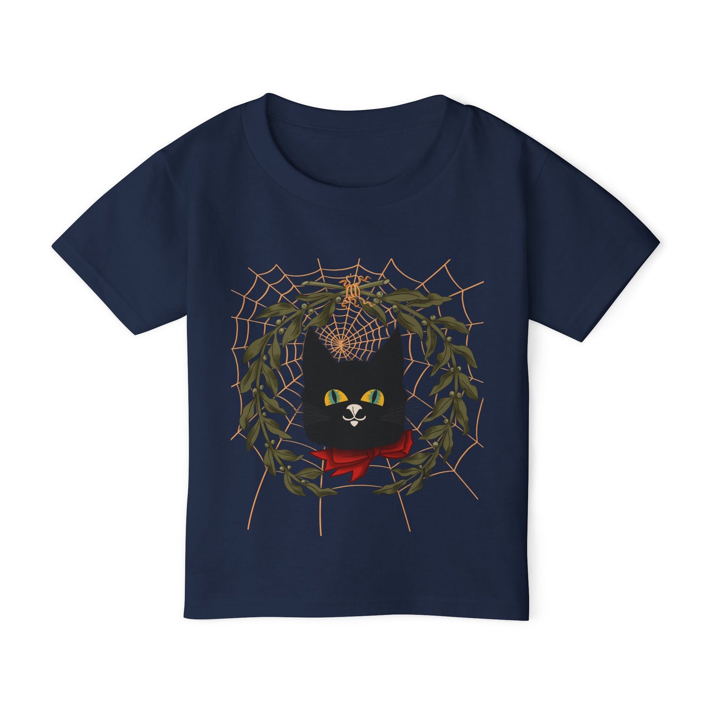 Toddler T‑Shirt — Black Cat Wreath with Web Tee (Cute Halloween)