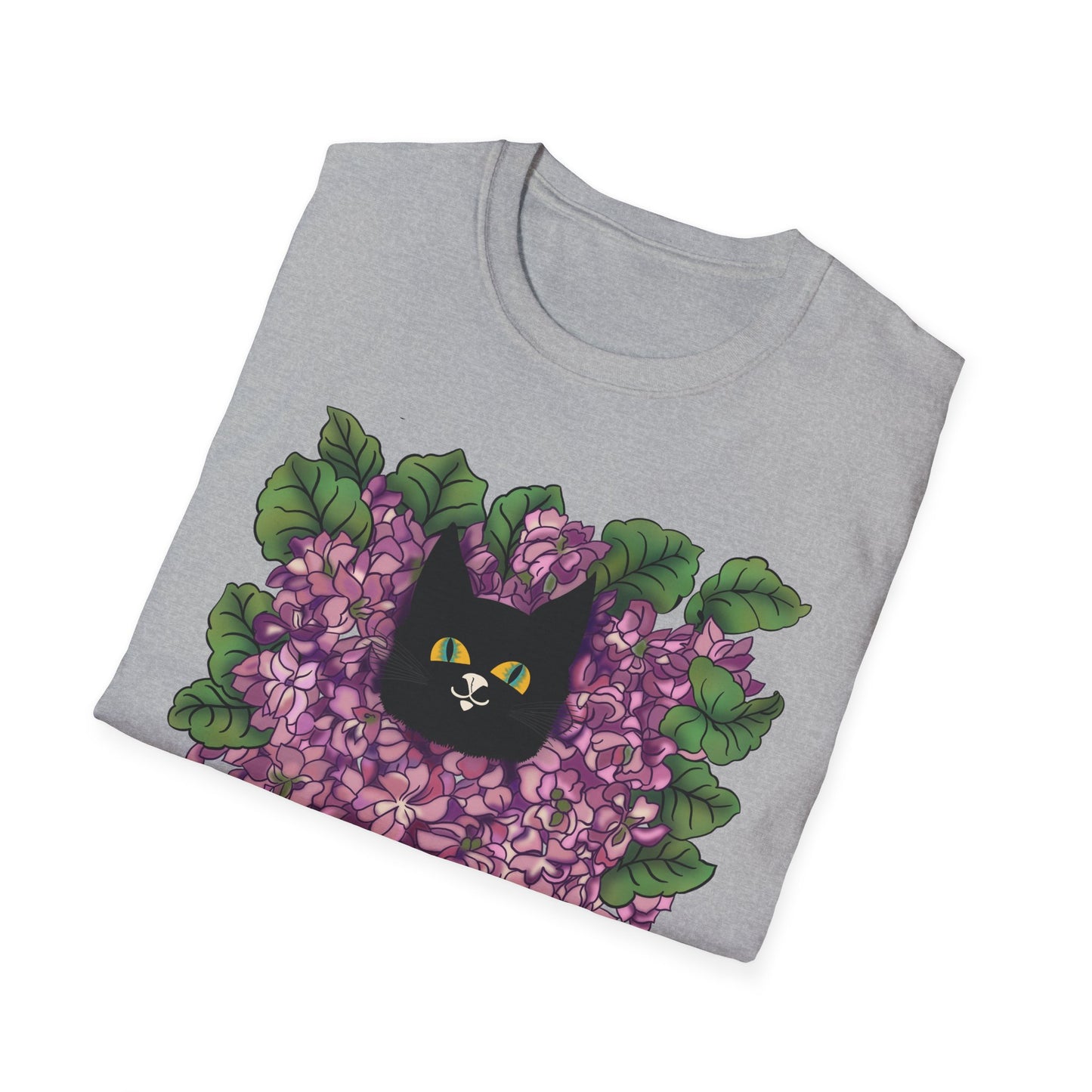 Lilac Cat T-Shirt — Black Cat Nestled in Lilac Flowers