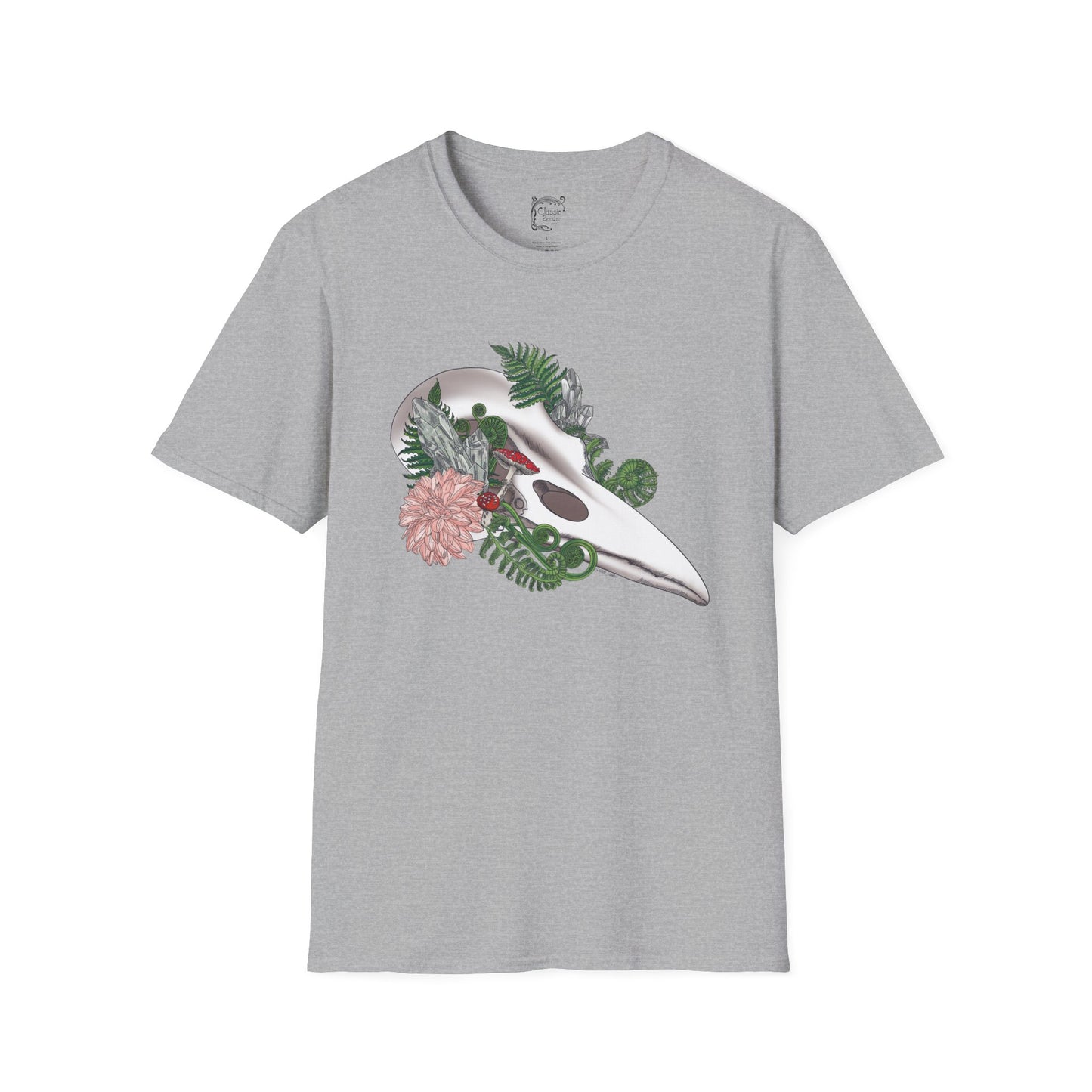 Bohemian Skull Floral T-Shirt, Unisex Softstyle Tee, Casual Wear, Nature Lover Gift, Unique Graphic Tee, Eco-Friendly Shirt