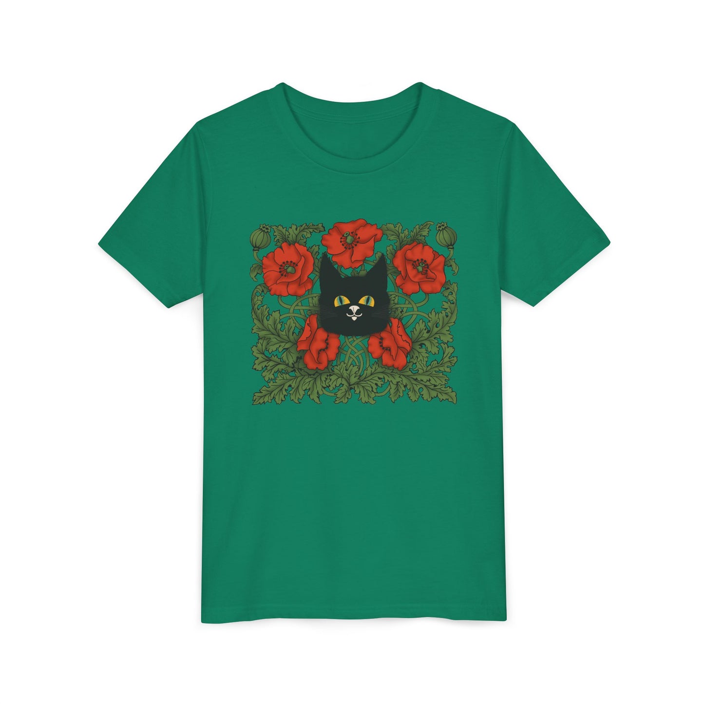 Black Cat Poppies Floral Youth Tee — Black Cat with Red Poppies Kids Shirt