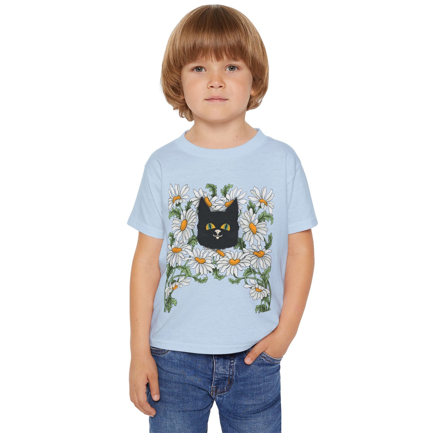 Toddler T-Shirt — Black Cat in Daisies | Cute Floral Kitty Tee for Kids