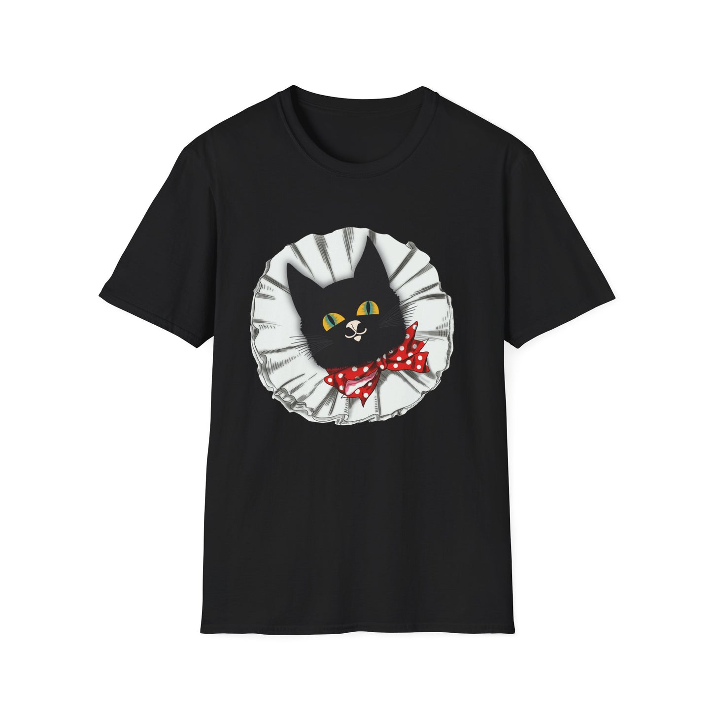Black Cat Clown Portrait T‑Shirt — Cute Cat Face with Red Bow Graphic Tee