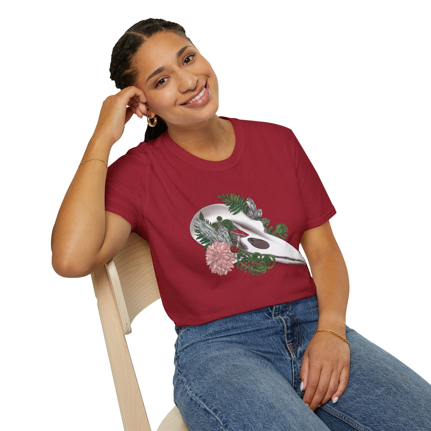 Bohemian Skull Floral T-Shirt, Unisex Softstyle Tee, Casual Wear, Nature Lover Gift, Unique Graphic Tee, Eco-Friendly Shirt