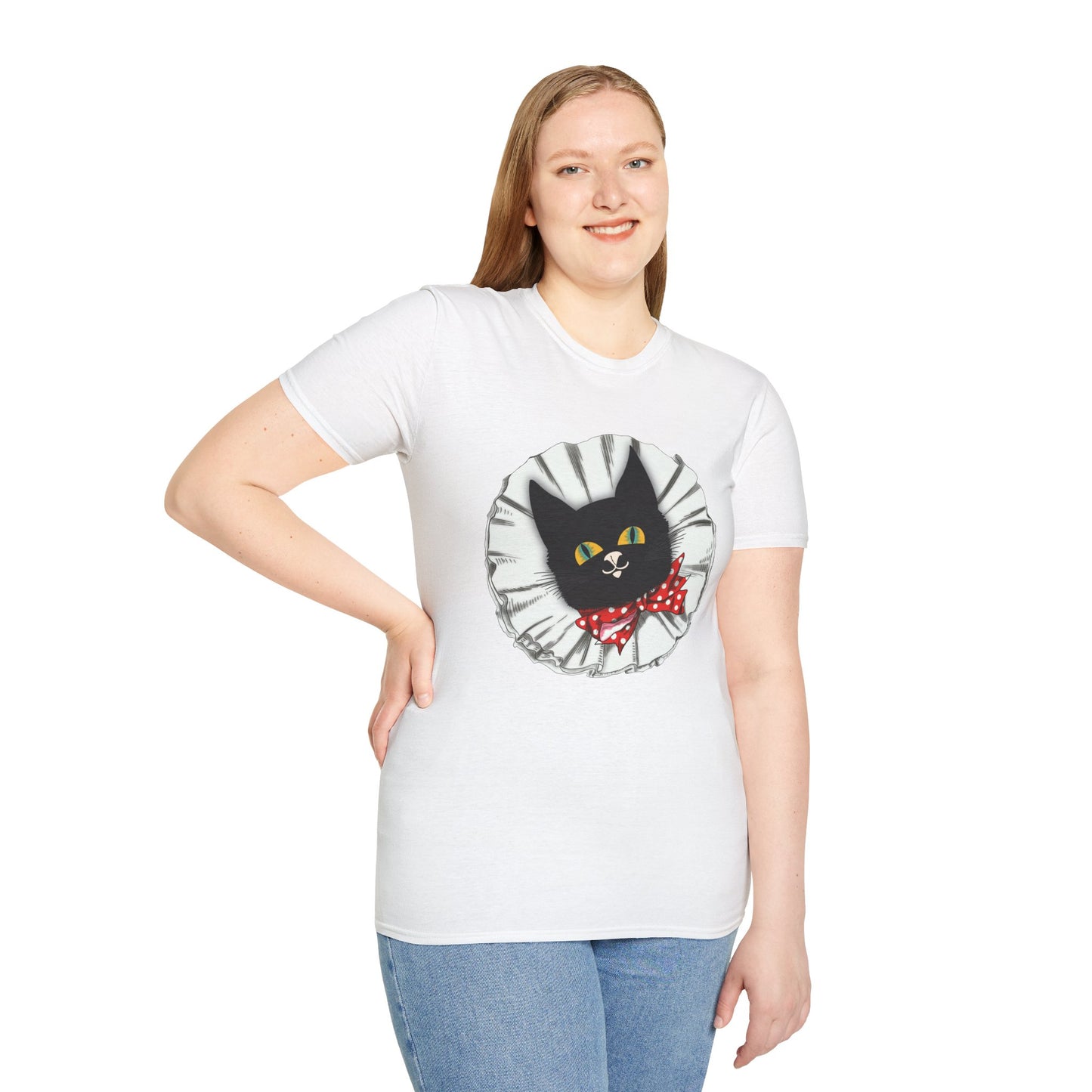 Black Cat Clown Portrait T‑Shirt — Cute Cat Face with Red Bow Graphic Tee