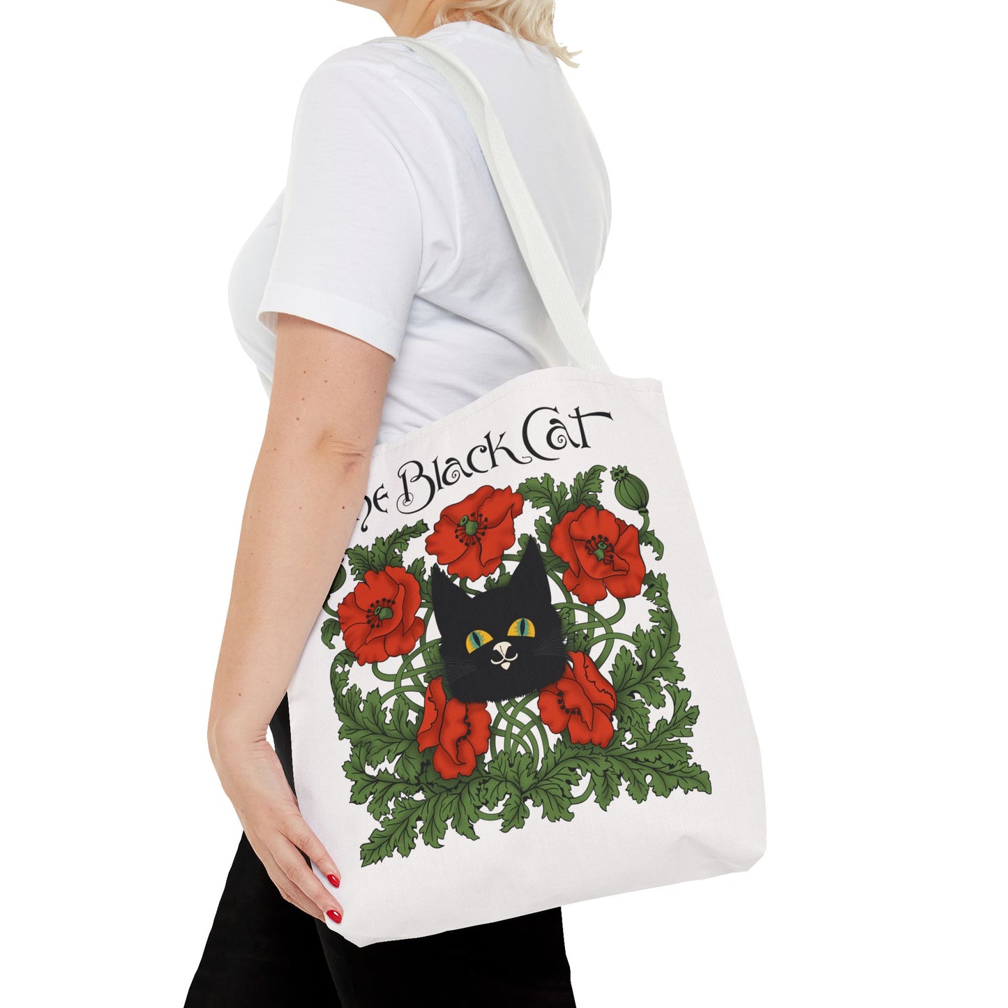 The Black Cat Poppies Tote Bag — Vintage Floral Cat Art Tote
