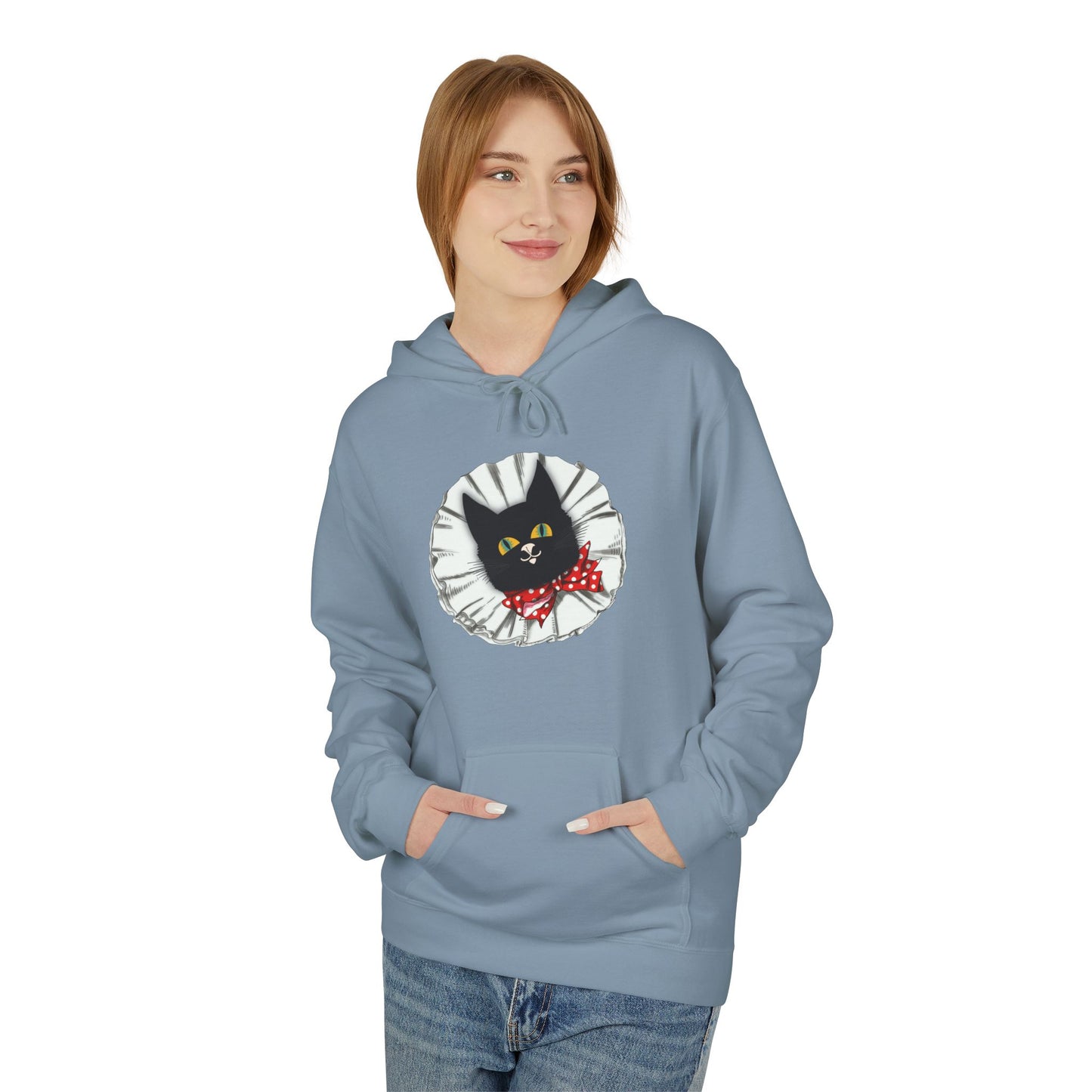 Black Cat Clown Hoodie — Cute Black Cat with Red Bow Music Lover Pullover
