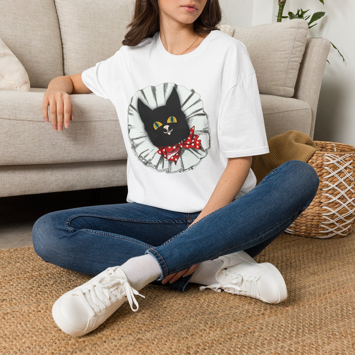 Black Cat Clown Portrait T‑Shirt — Cute Cat Face with Red Bow Graphic Tee
