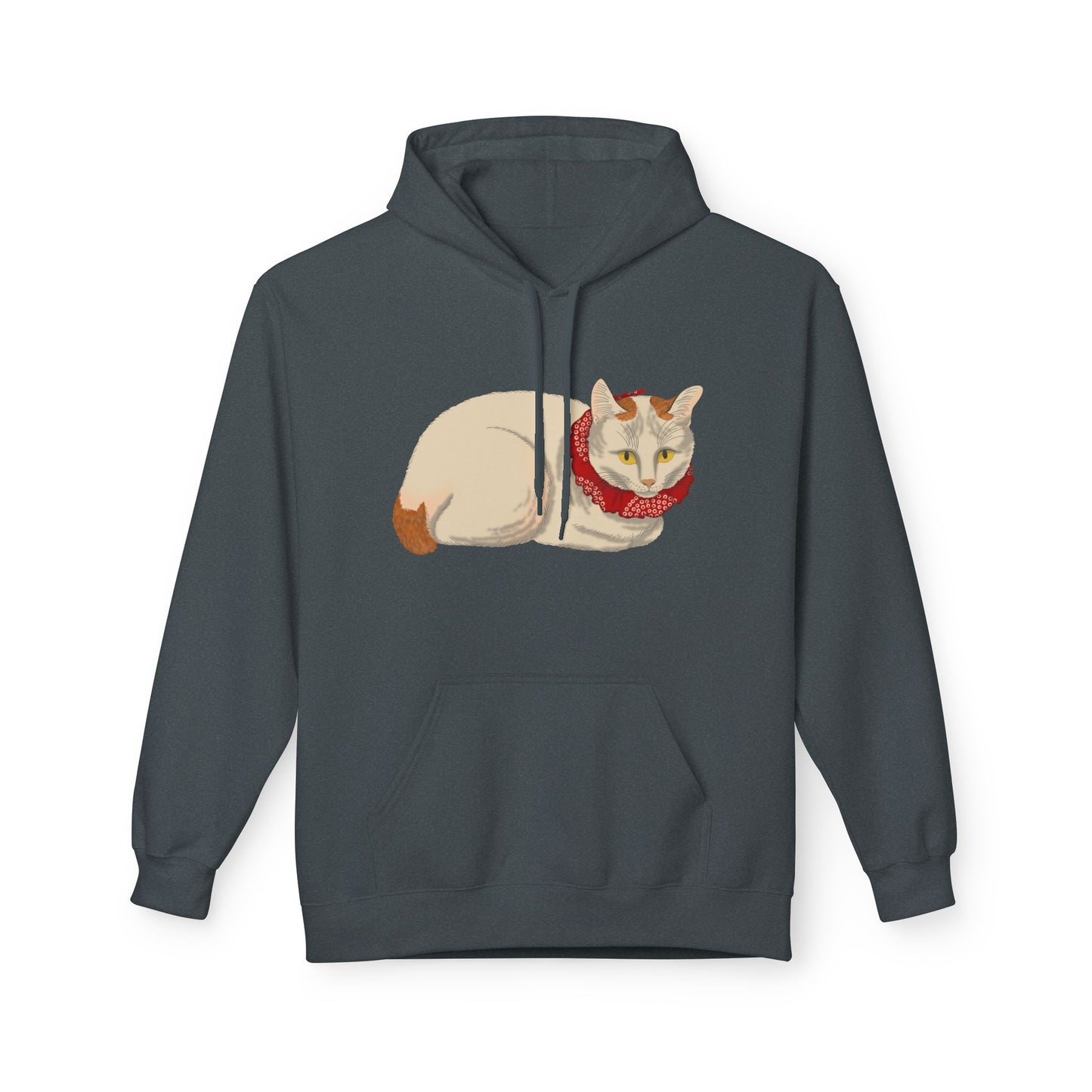 Cozy Red-Scarf Cat Hoodie — Cute Cream Cat Graphic Pullover