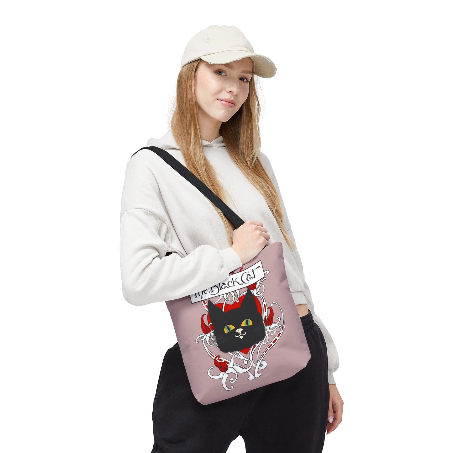 Black Cat Heart Tote Bag — 'The Black Cat' Gothic Vintage Cat Illustration Beach & Market Bag
