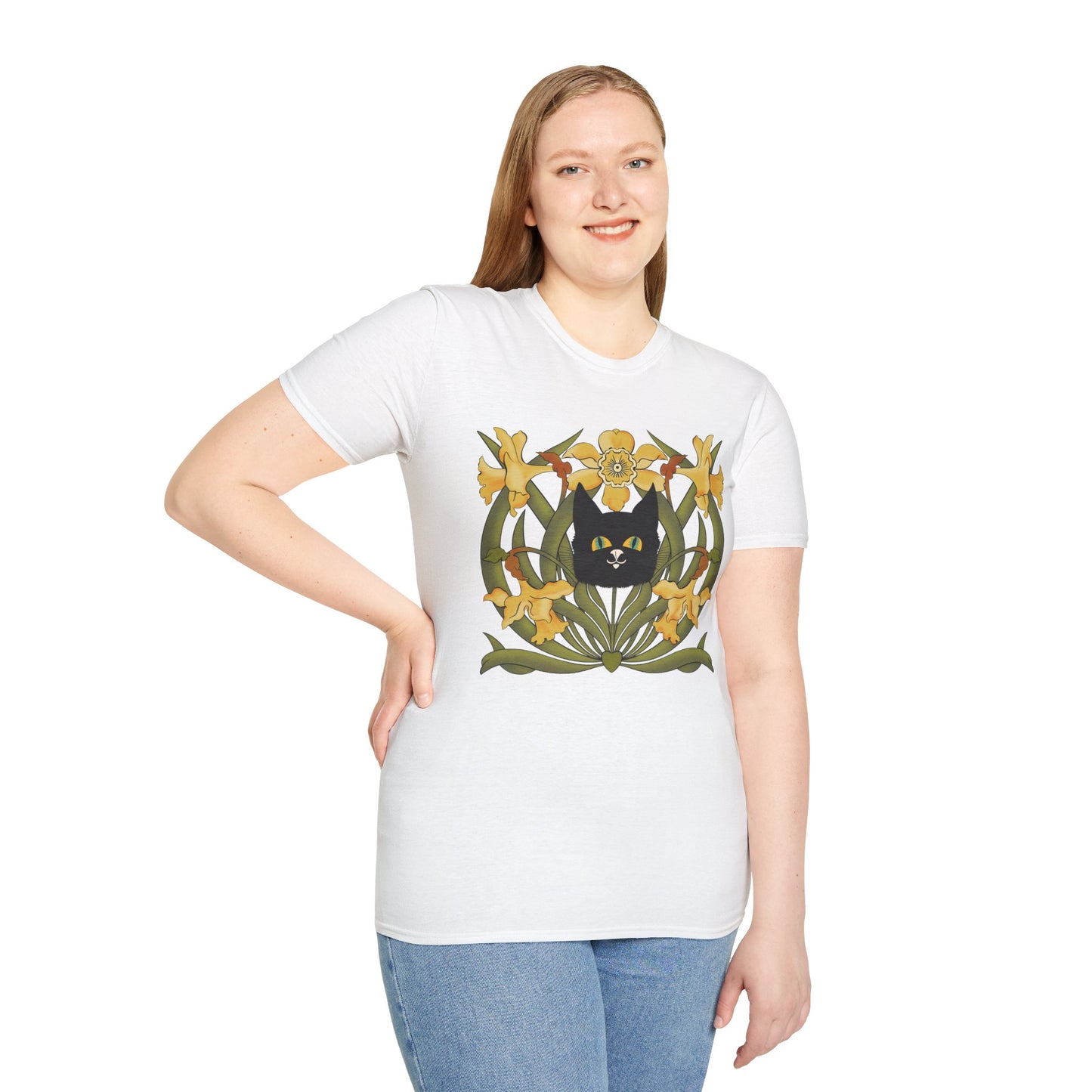 Daffodil Black Cat T‑Shirt — Retro Floral Cat Tee