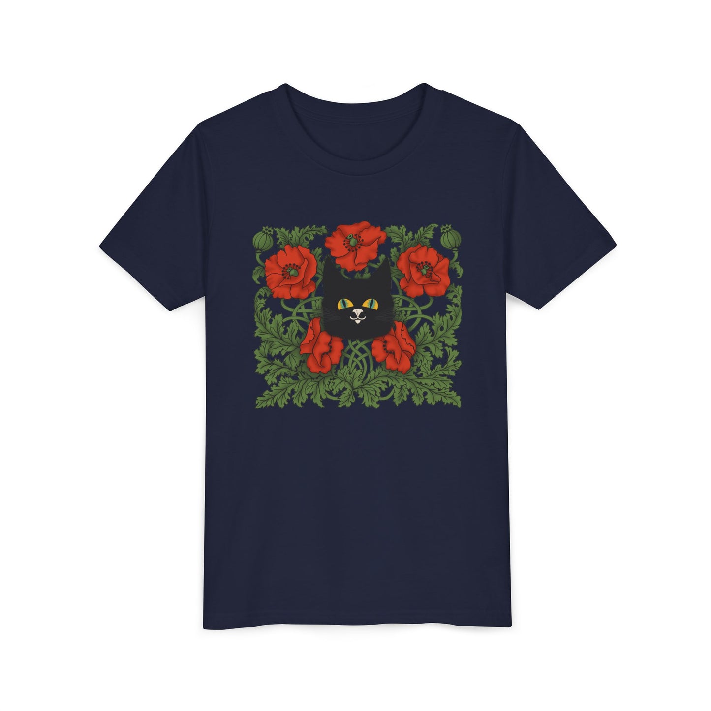 Black Cat Poppies Floral Youth Tee — Black Cat with Red Poppies Kids Shirt