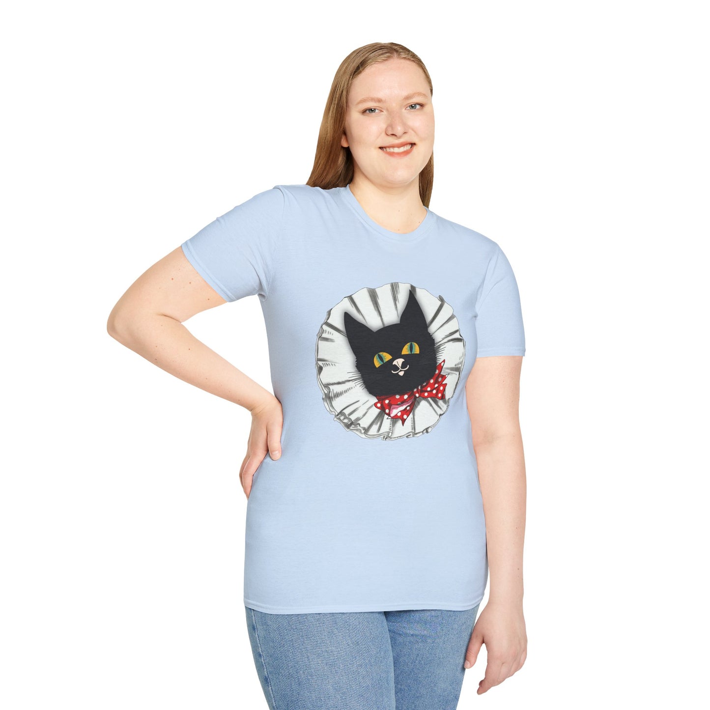 Black Cat Clown Portrait T‑Shirt — Cute Cat Face with Red Bow Graphic Tee