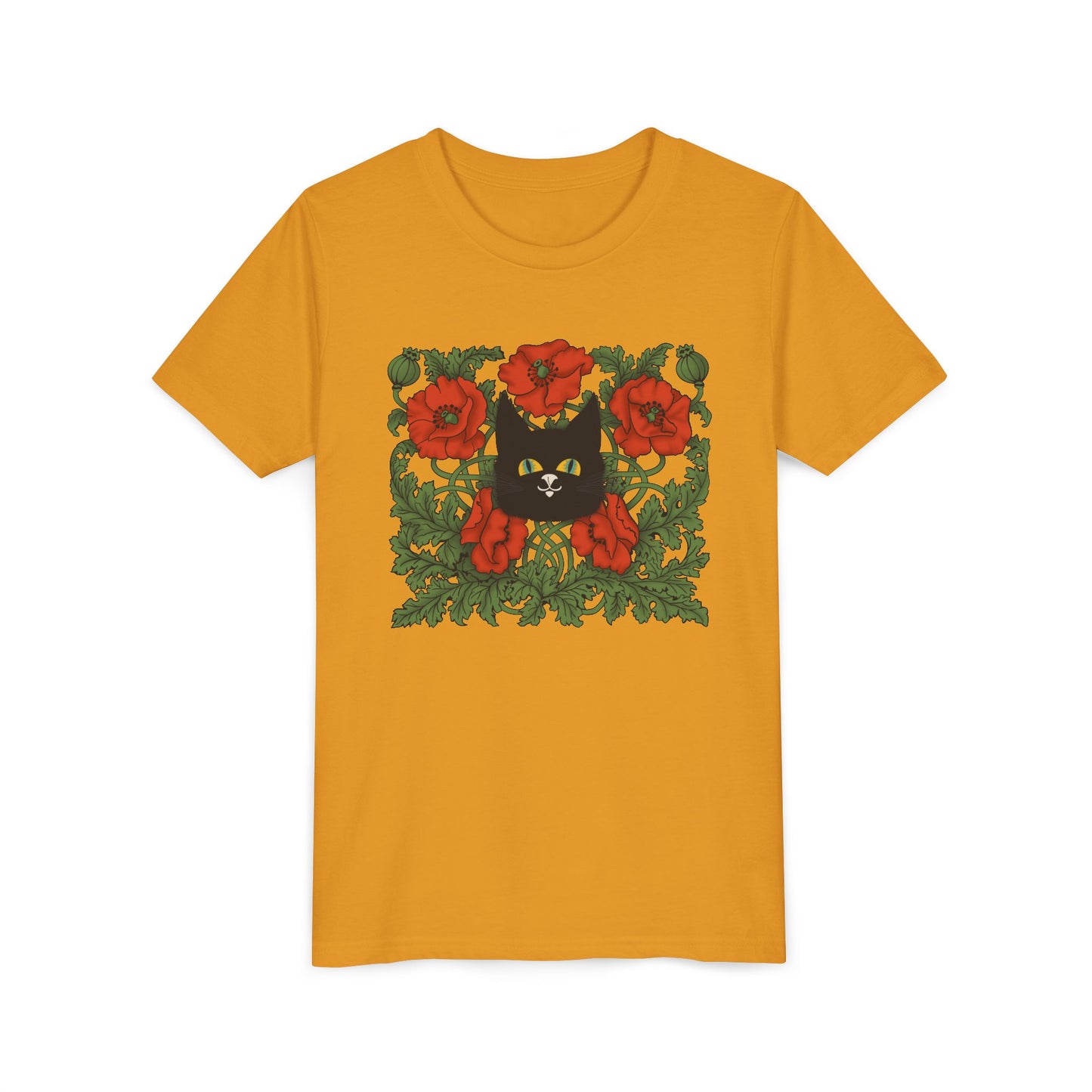 Black Cat Poppies Floral Youth Tee — Black Cat with Red Poppies Kids Shirt