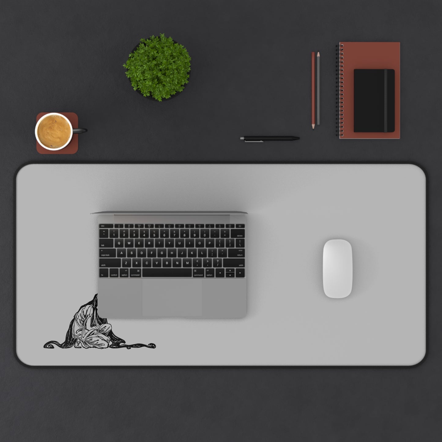 Elegant Grey Desk Mat with Artistic Illustration