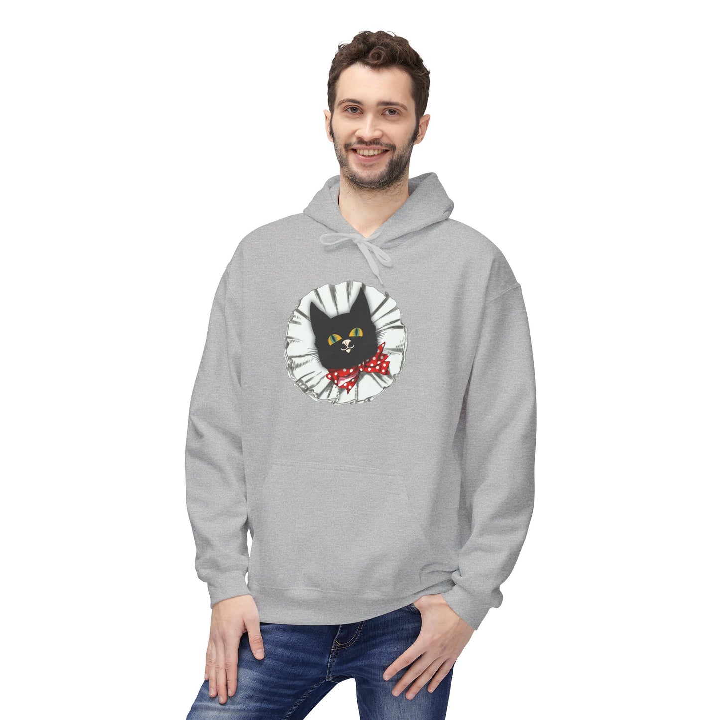 Black Cat Clown Hoodie — Cute Black Cat with Red Bow Music Lover Pullover