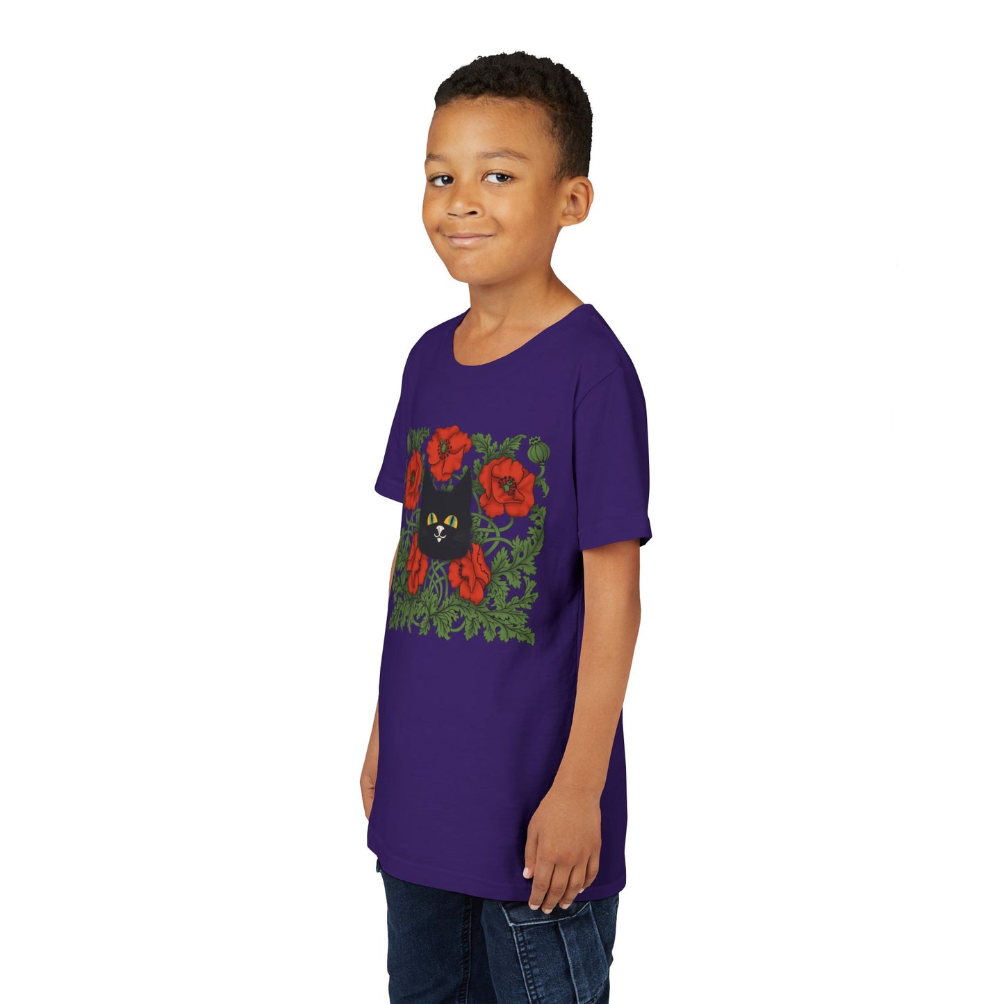 Black Cat Poppies Floral Youth Tee — Black Cat with Red Poppies Kids Shirt