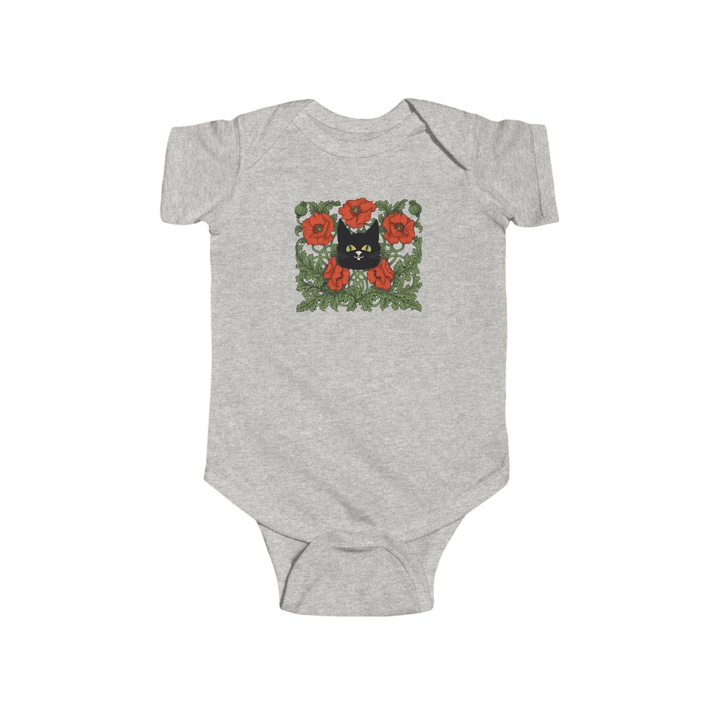 Poppies Floral Black Cat Baby Bodysuit — Black Cat in Red Poppy Floral Frame