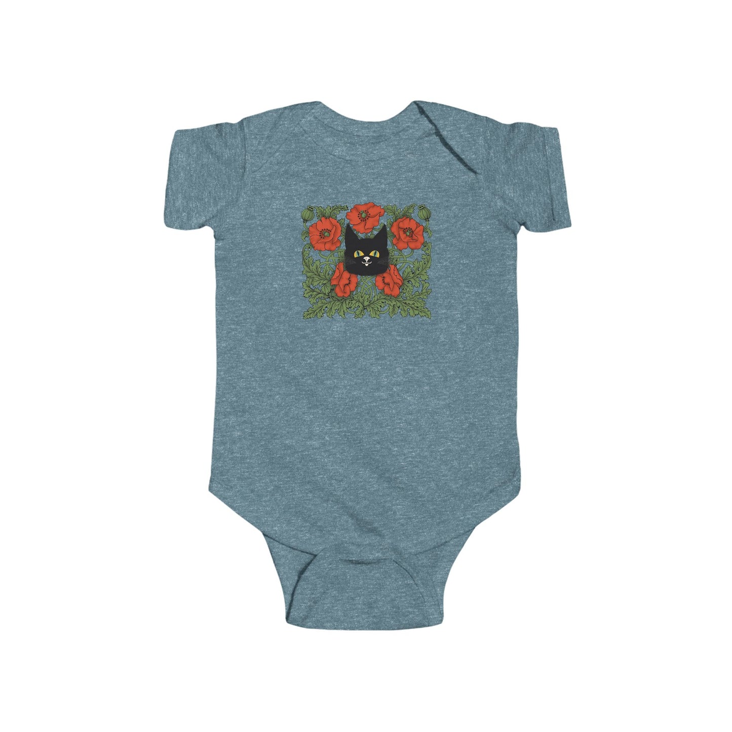 Poppies Floral Black Cat Baby Bodysuit — Black Cat in Red Poppy Floral Frame
