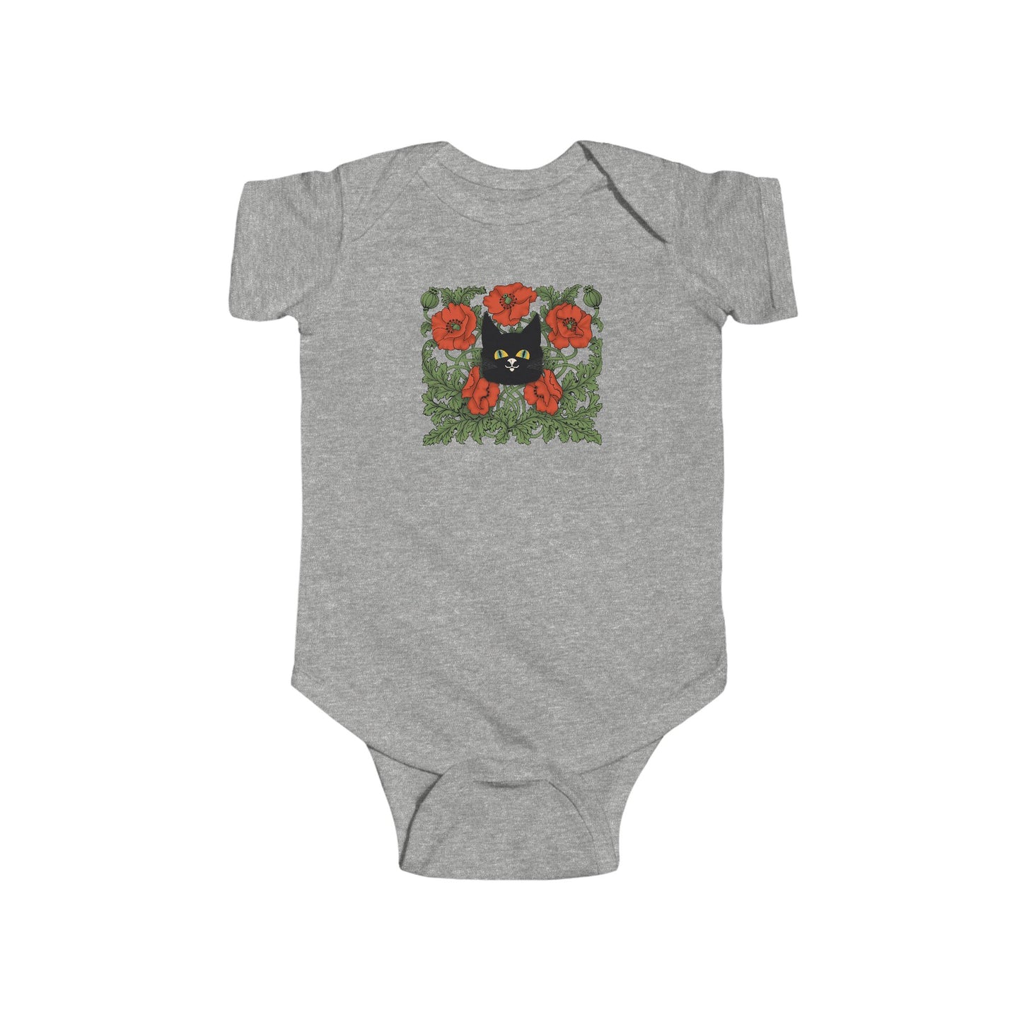 Poppies Floral Black Cat Baby Bodysuit — Black Cat in Red Poppy Floral Frame