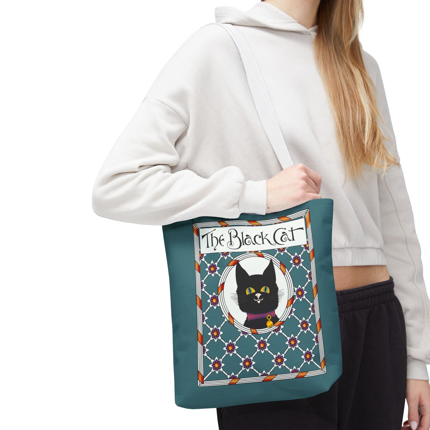 The Black Cat Teal Tote Bag — Vintage Art Nouveau Cat Shopper