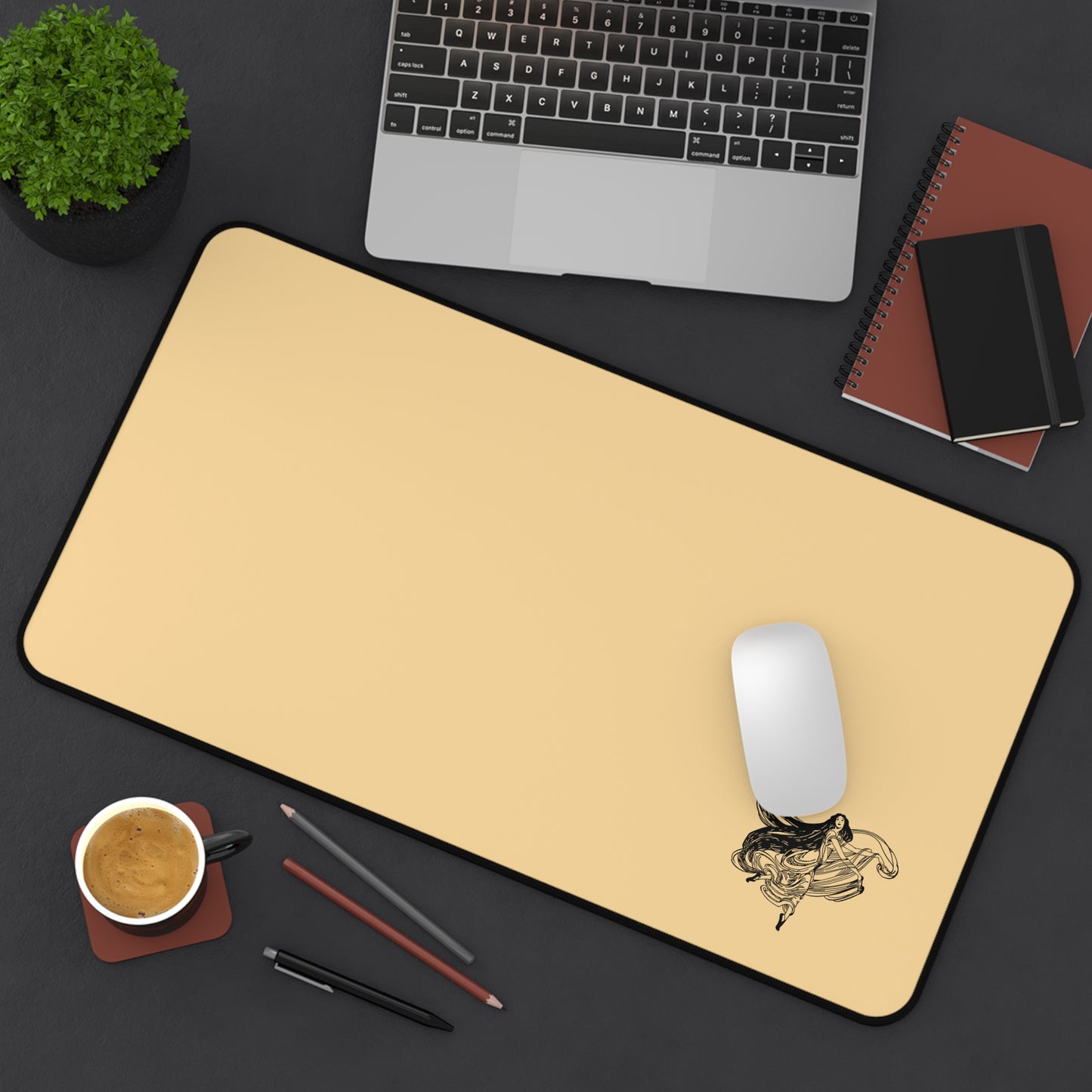 Elegant Black Desk Mat with Dancing Artistic Design