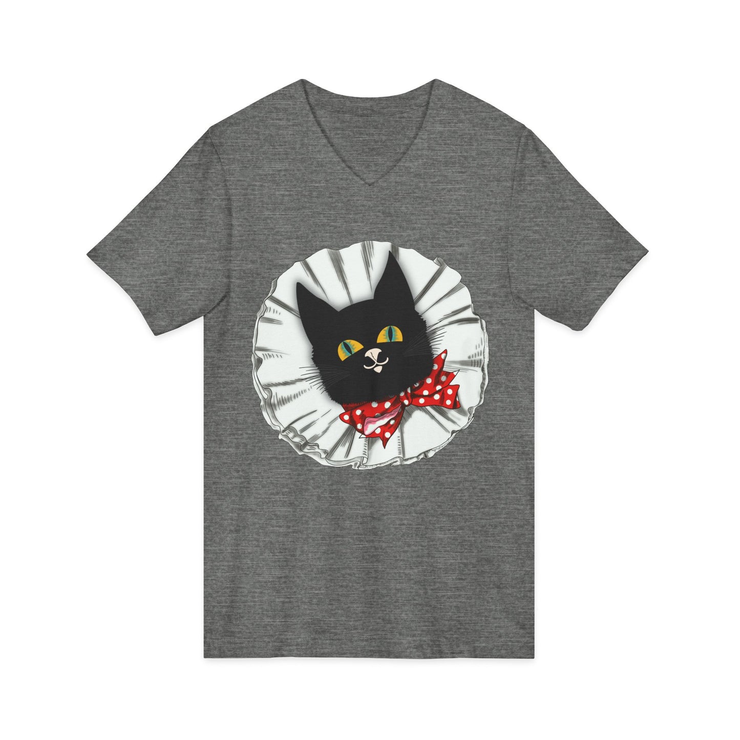 Vintage Black Cat Tee — Cute Cat Face with Red Polka Dot Bow V-Neck T-Shirt