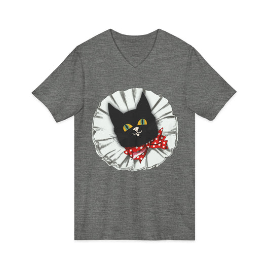Vintage Black Cat Tee — Cute Cat Face with Red Polka Dot Bow V-Neck T-Shirt