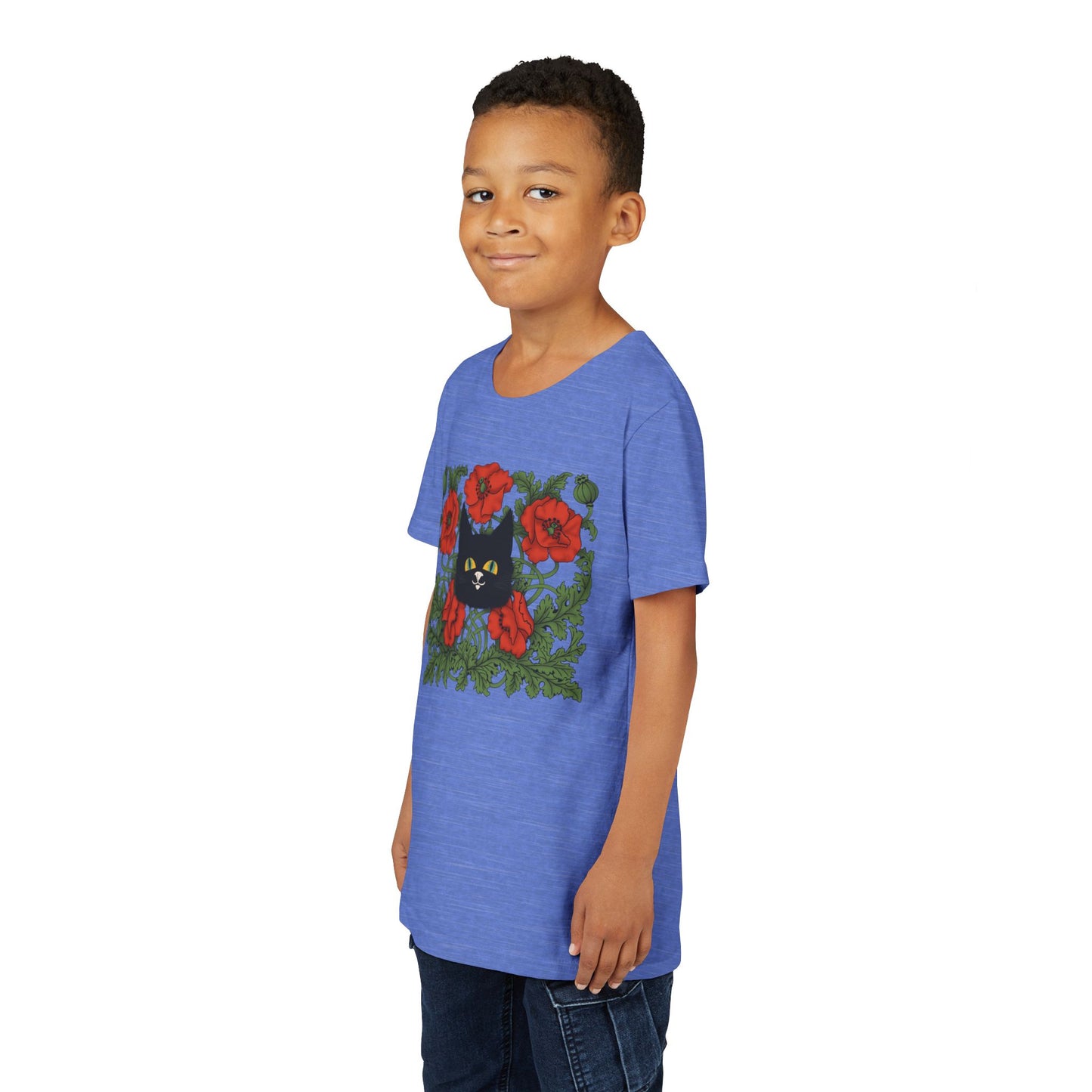 Black Cat Poppies Floral Youth Tee — Black Cat with Red Poppies Kids Shirt