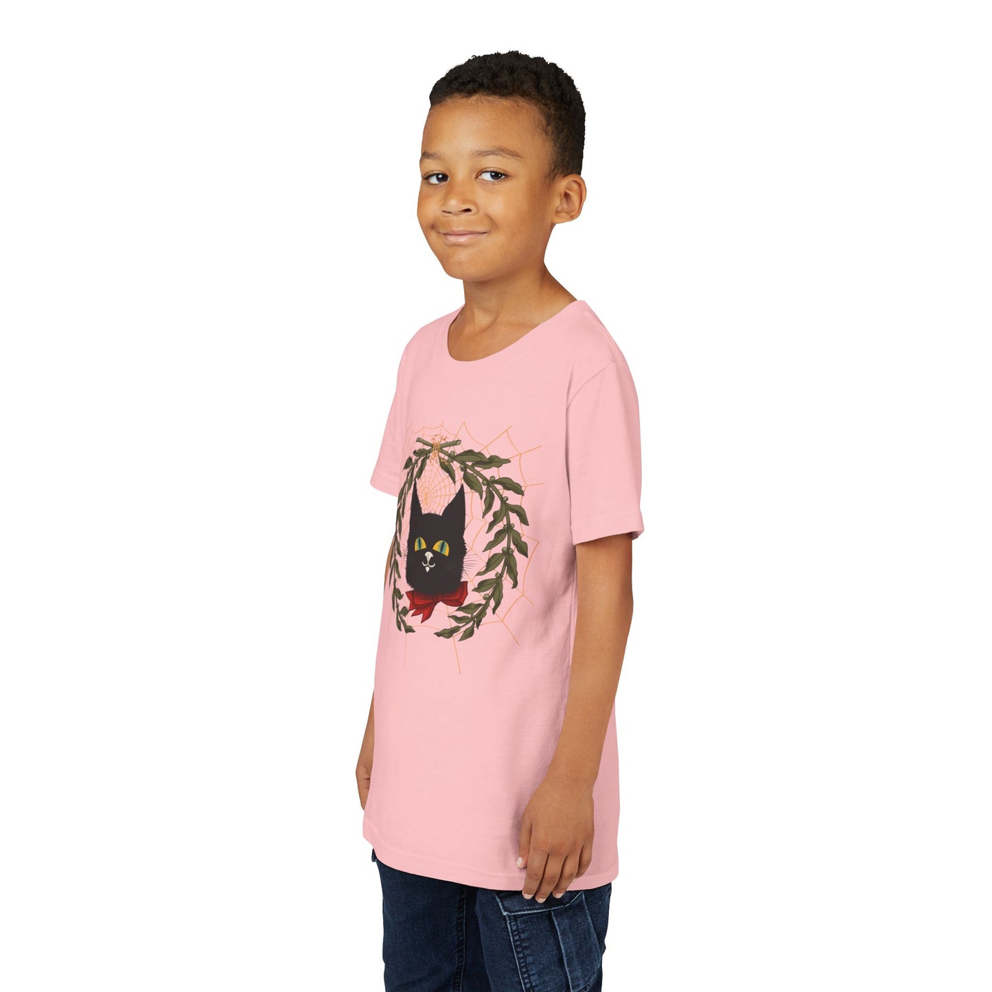 Youth Tee — Black Cat Wreath Holiday Shirt