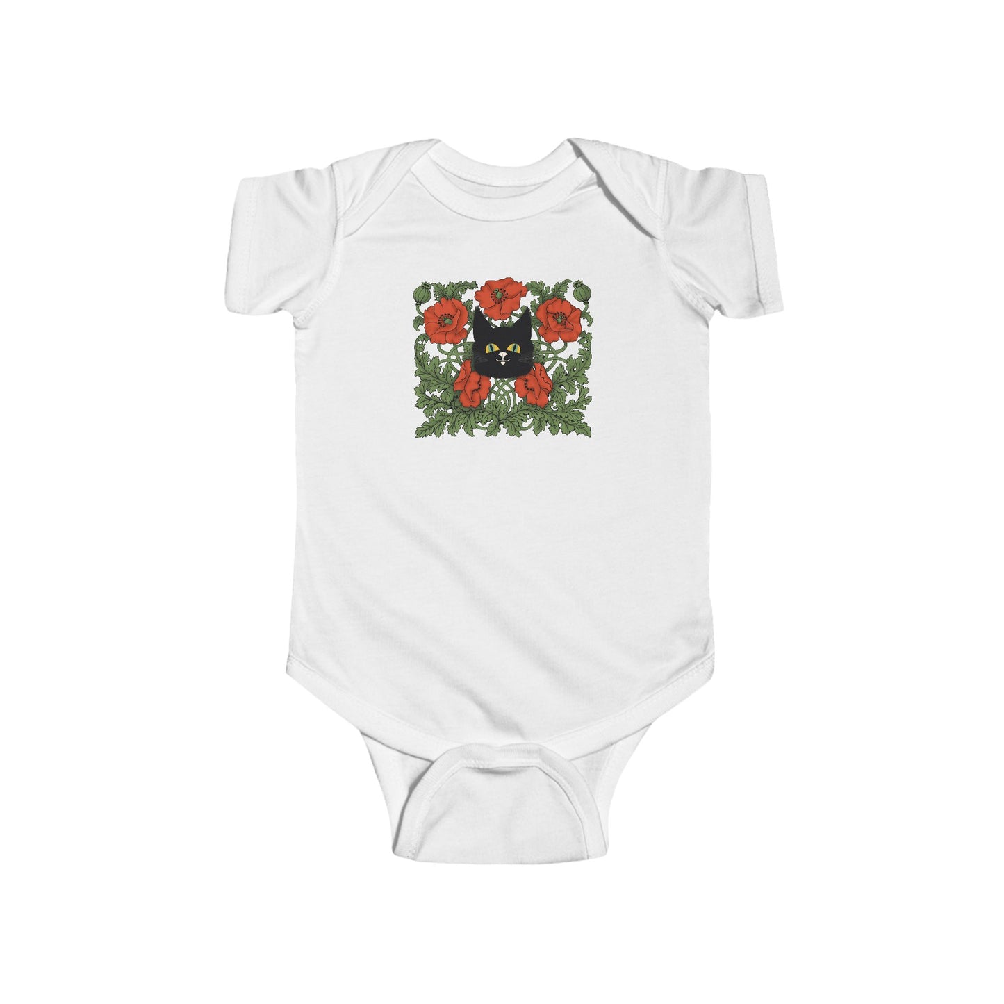 Poppies Floral Black Cat Baby Bodysuit — Black Cat in Red Poppy Floral Frame