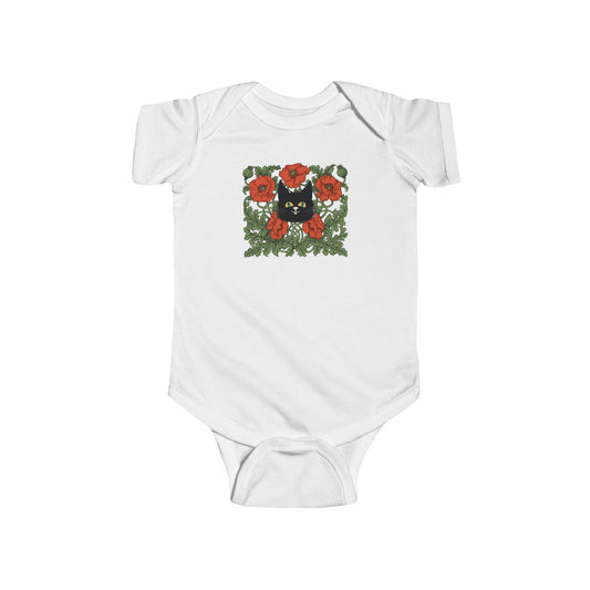 Poppies Floral Black Cat Baby Bodysuit — Black Cat in Red Poppy Floral Frame