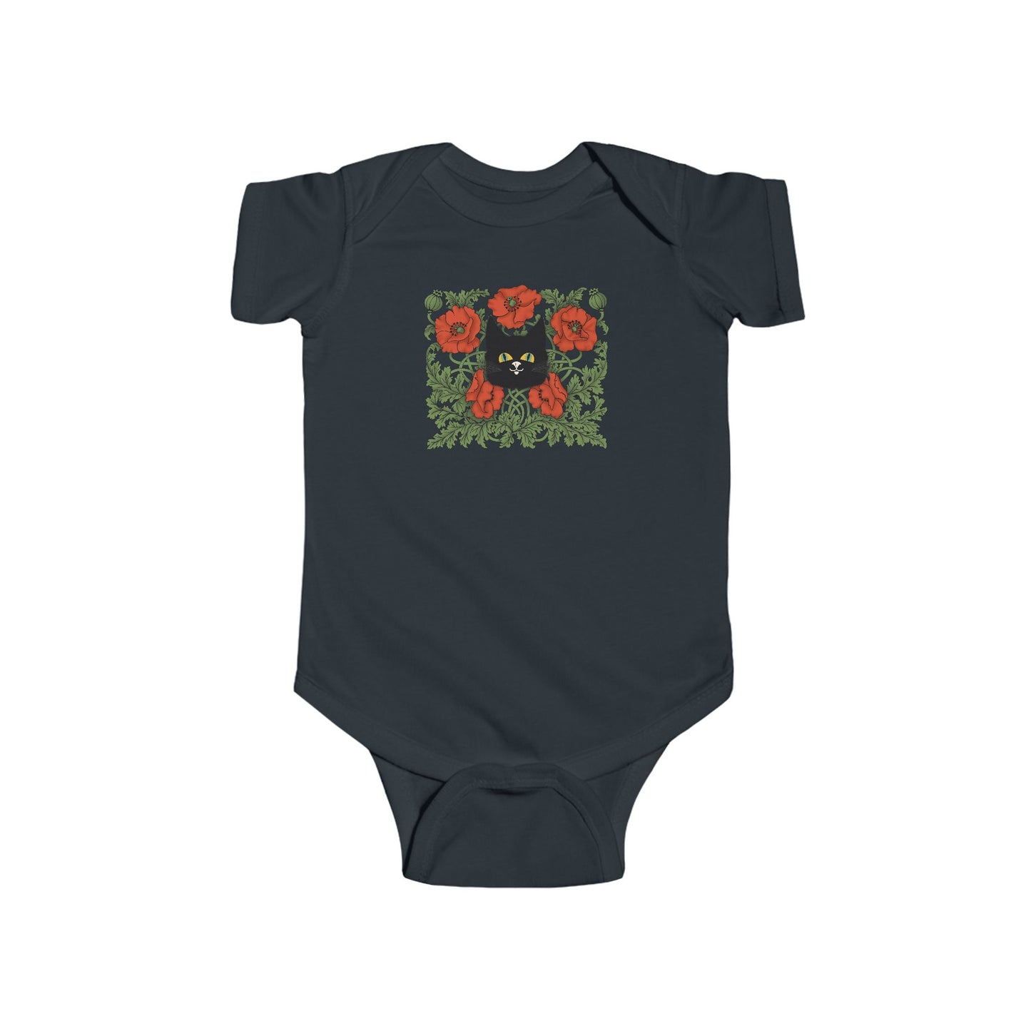 Poppies Floral Black Cat Baby Bodysuit — Black Cat in Red Poppy Floral Frame