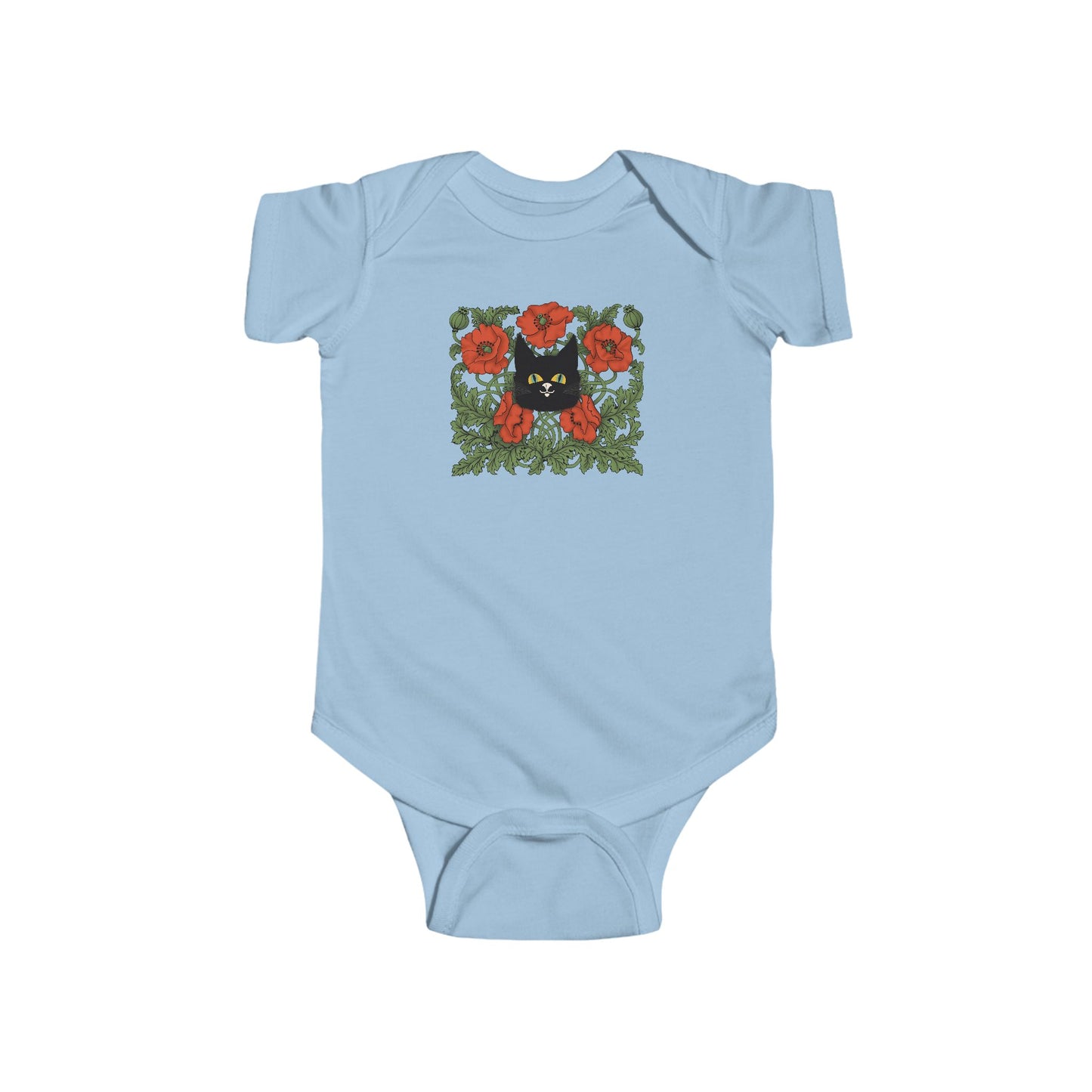 Poppies Floral Black Cat Baby Bodysuit — Black Cat in Red Poppy Floral Frame
