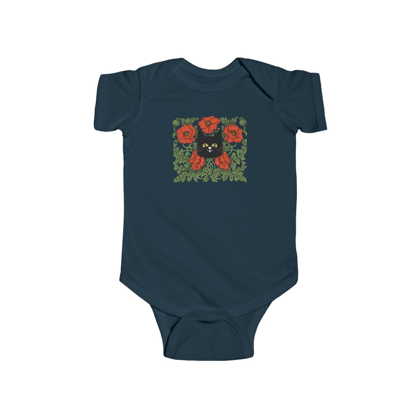 Poppies Floral Black Cat Baby Bodysuit — Black Cat in Red Poppy Floral Frame