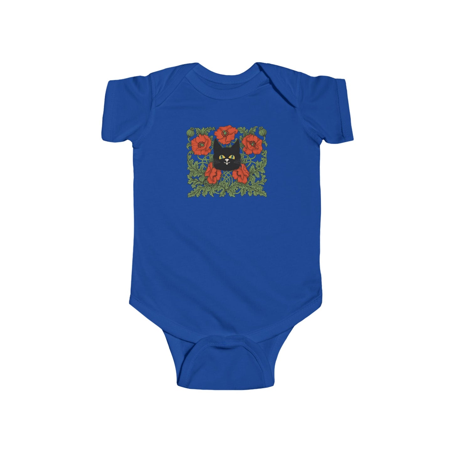 Poppies Floral Black Cat Baby Bodysuit — Black Cat in Red Poppy Floral Frame