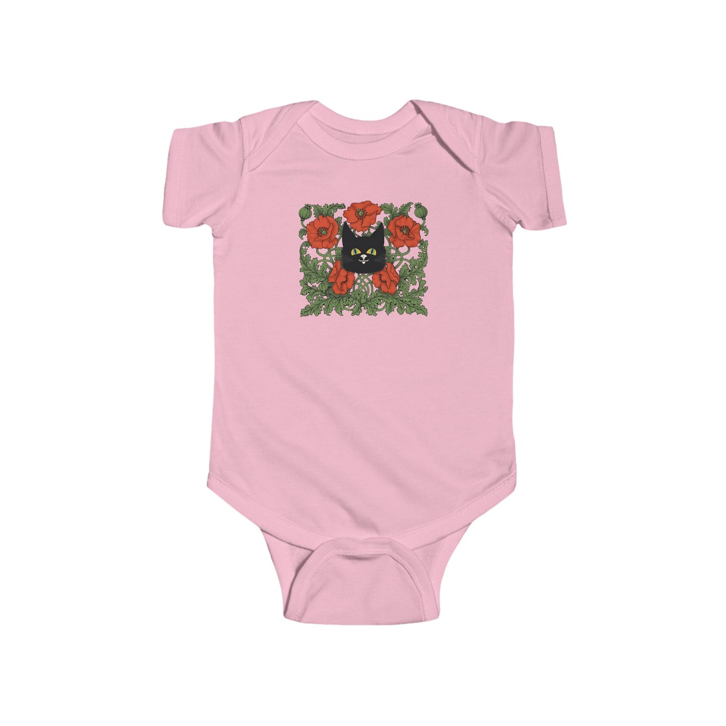 Poppies Floral Black Cat Baby Bodysuit — Black Cat in Red Poppy Floral Frame
