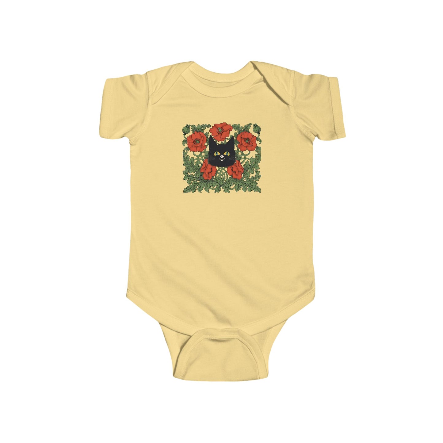 Poppies Floral Black Cat Baby Bodysuit — Black Cat in Red Poppy Floral Frame