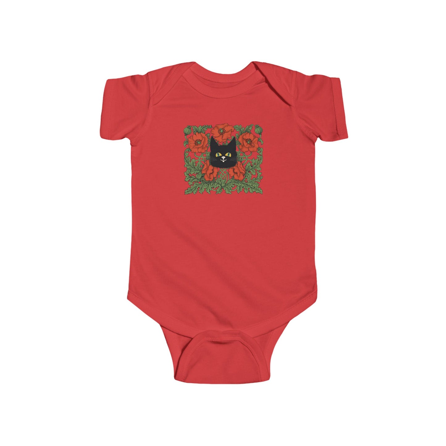 Poppies Floral Black Cat Baby Bodysuit — Black Cat in Red Poppy Floral Frame