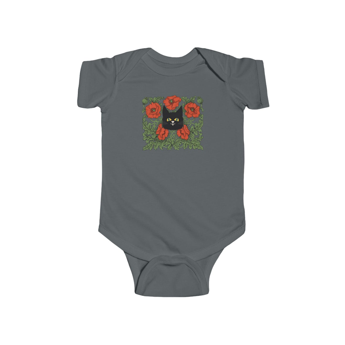Poppies Floral Black Cat Baby Bodysuit — Black Cat in Red Poppy Floral Frame