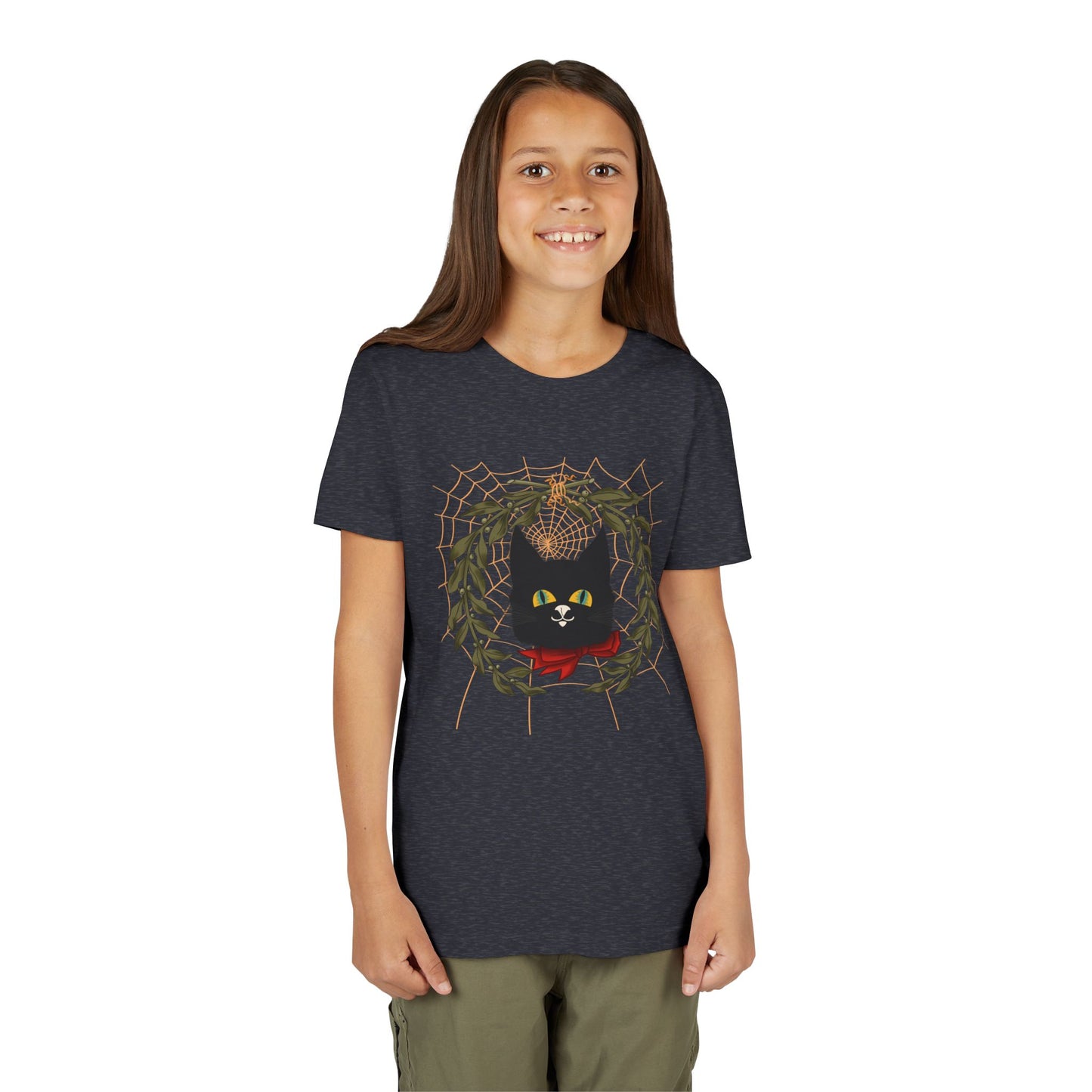 Youth Tee — Black Cat Wreath Holiday Shirt