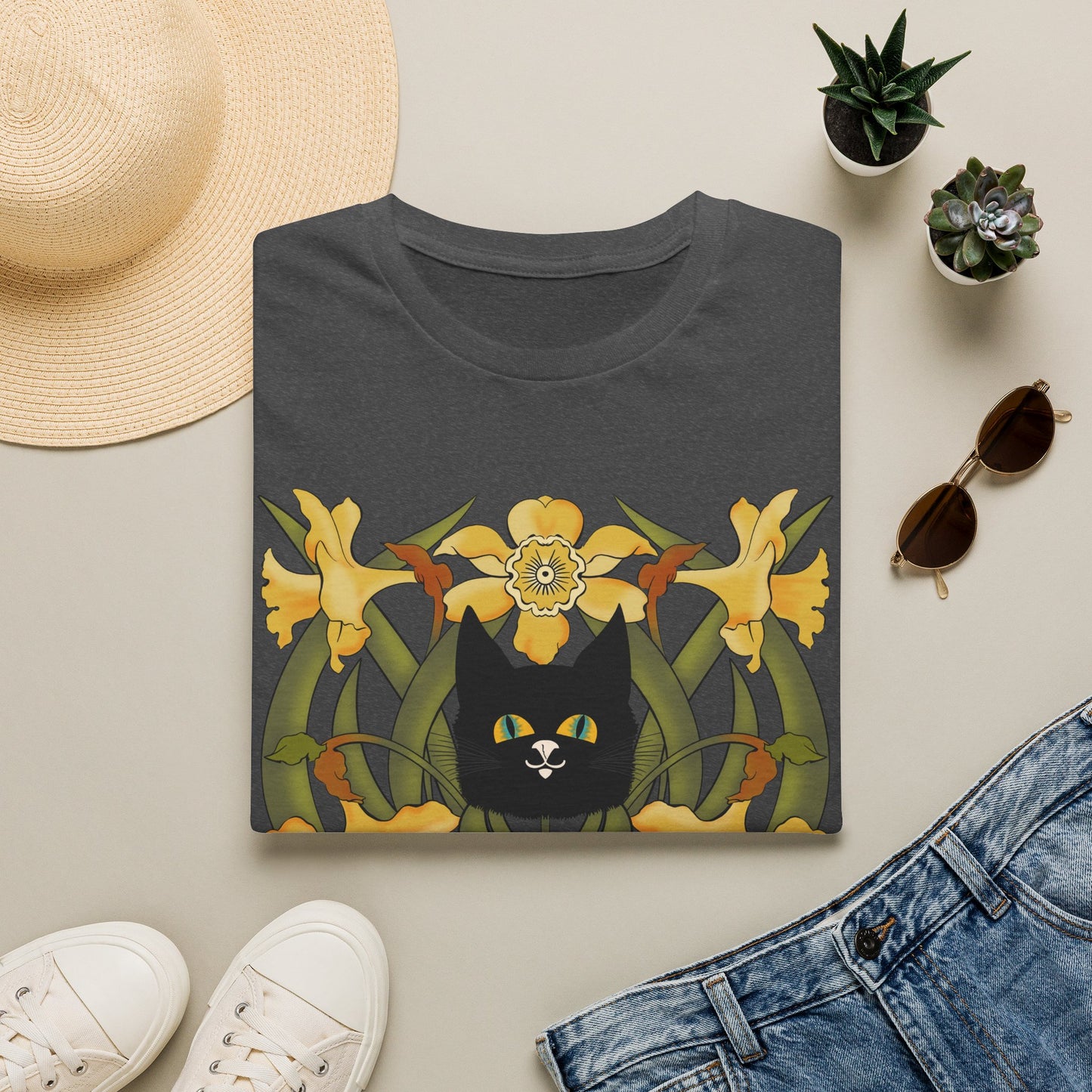Daffodil Black Cat T‑Shirt — Retro Floral Cat Tee